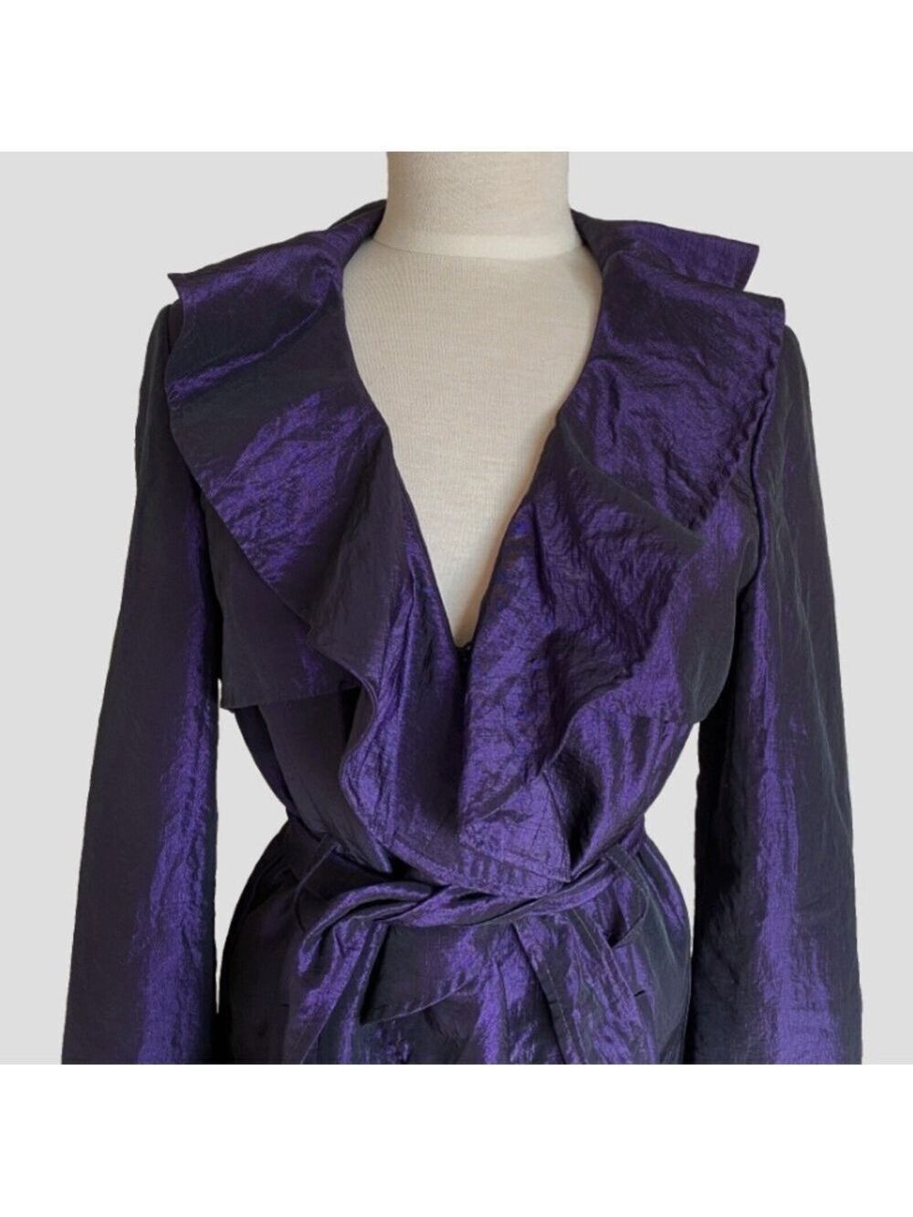 Vintage 90s Joseph Ribkoff Purple Crushed Satin Ruffle Trim Jacket Belted Sz 6 - Picture 3 of 12